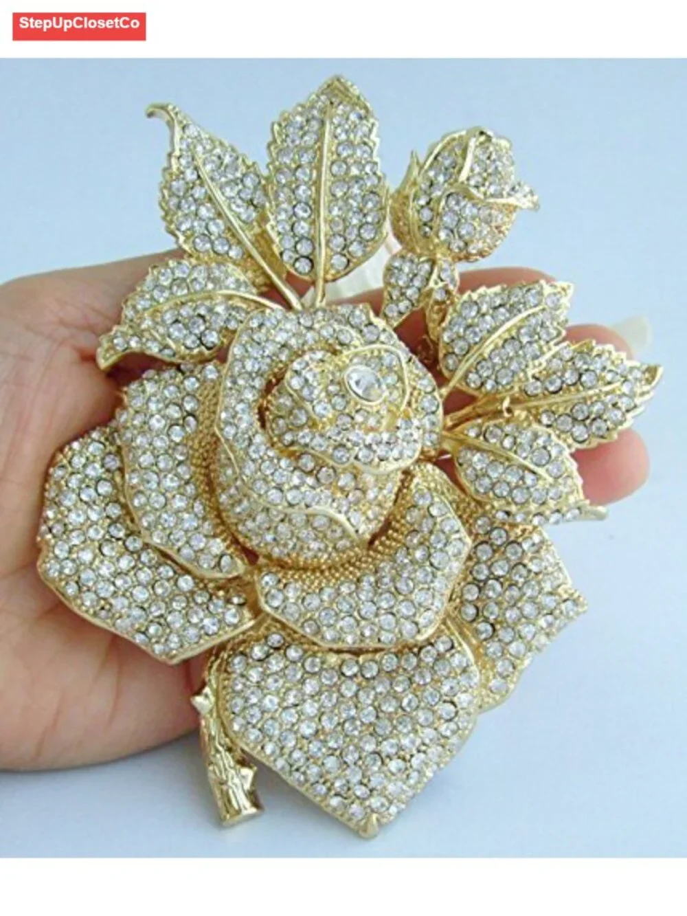 Large Wedding Rose Brooch Pin Austrian Crystal Pendant Rhinestone 5.32